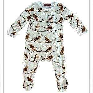 Milkbarn Cream and Brown Owl Print Footed Romper Sleep and Play Size:3-6 mth NWT